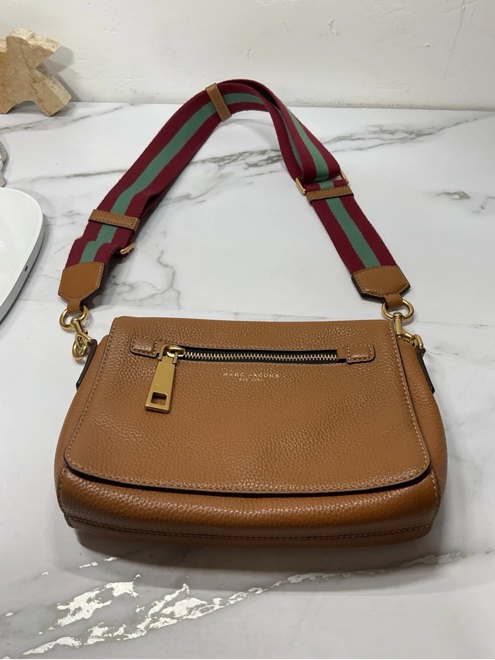 Marc Jacobs Tan Pebbled Leather Crossbody with Red and Green Striped Strap - Picture 11 of 12